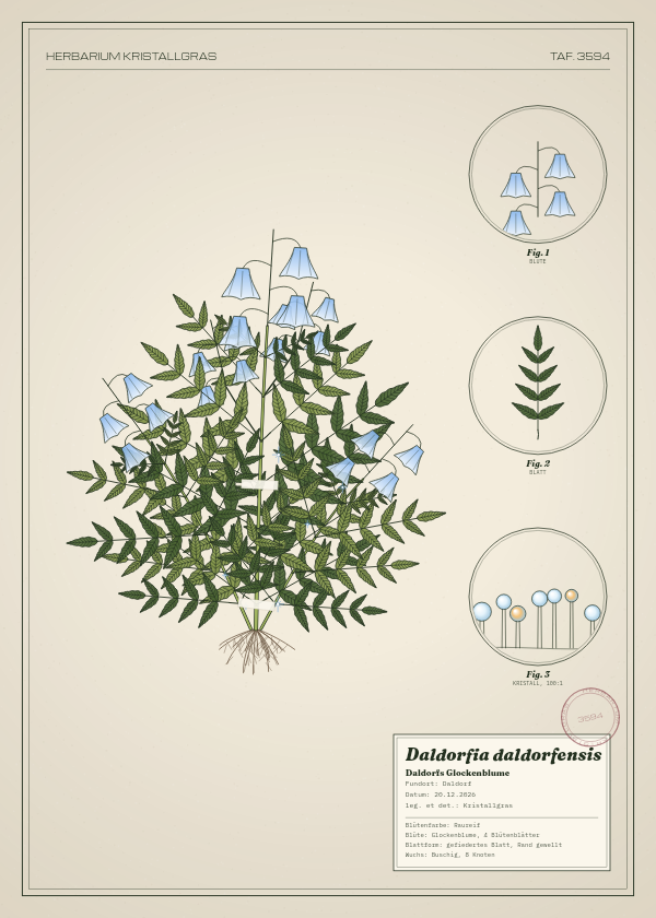 Botanische Tafel: Daldorfia daldorfensis, eine erfundene Pflanze aus Daldorf, gezeichnet wie in einem alten Pflanzenatlas