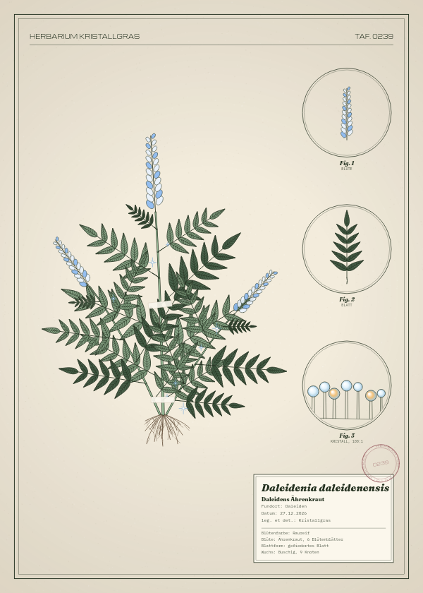 Botanische Tafel: Daleidenia daleidenensis, eine erfundene Pflanze aus Daleiden, gezeichnet wie in einem alten Pflanzenatlas