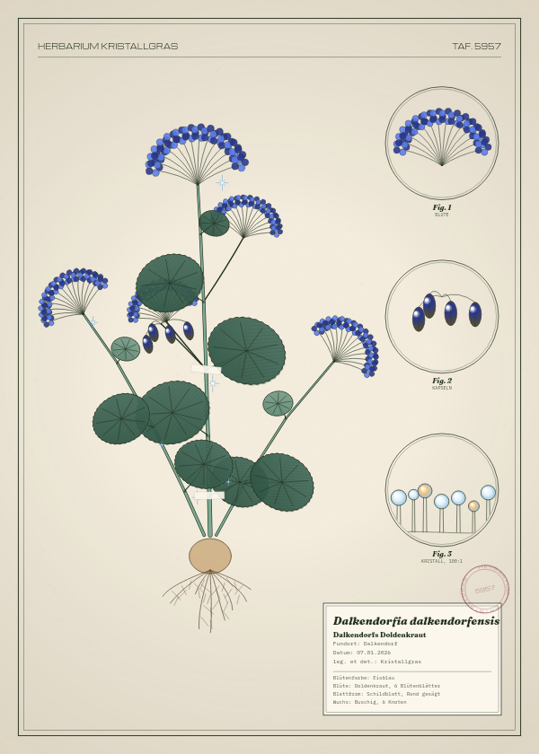Botanische Tafel: Dalkendorfia dalkendorfensis, eine erfundene Pflanze aus Dalkendorf, gezeichnet wie in einem alten Pflanzenatlas