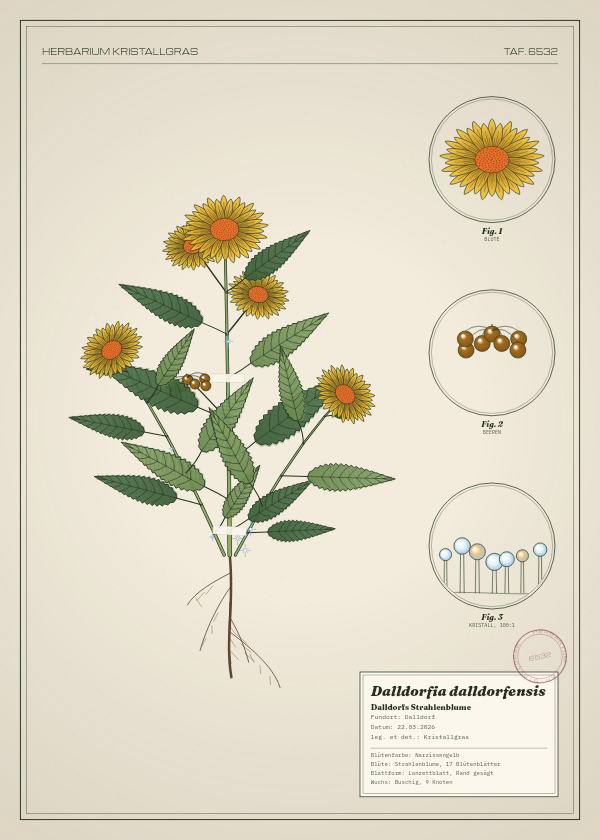 Botanische Tafel: Dalldorfia dalldorfensis, eine erfundene Pflanze aus Dalldorf, gezeichnet wie in einem alten Pflanzenatlas