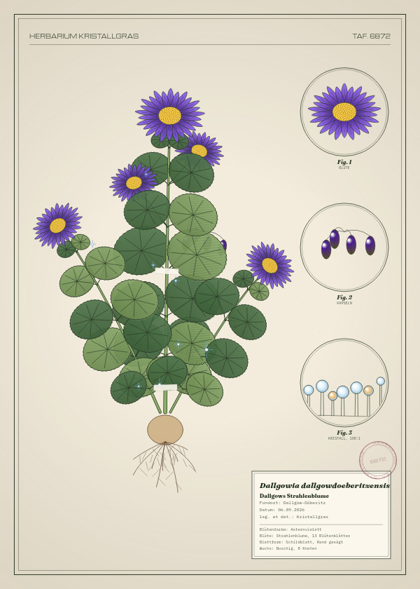 Botanische Tafel: Dallgowia dallgowdoeberitzensis, eine erfundene Pflanze aus Dallgow-Döberitz, gezeichnet wie in einem alten Pflanzenatlas