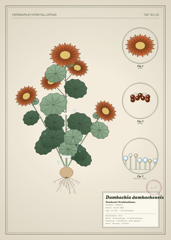 Botanische Tafel: Dambachia dambachensis, eine erfundene Pflanze aus Dambach, gezeichnet wie in einem alten Pflanzenatlas