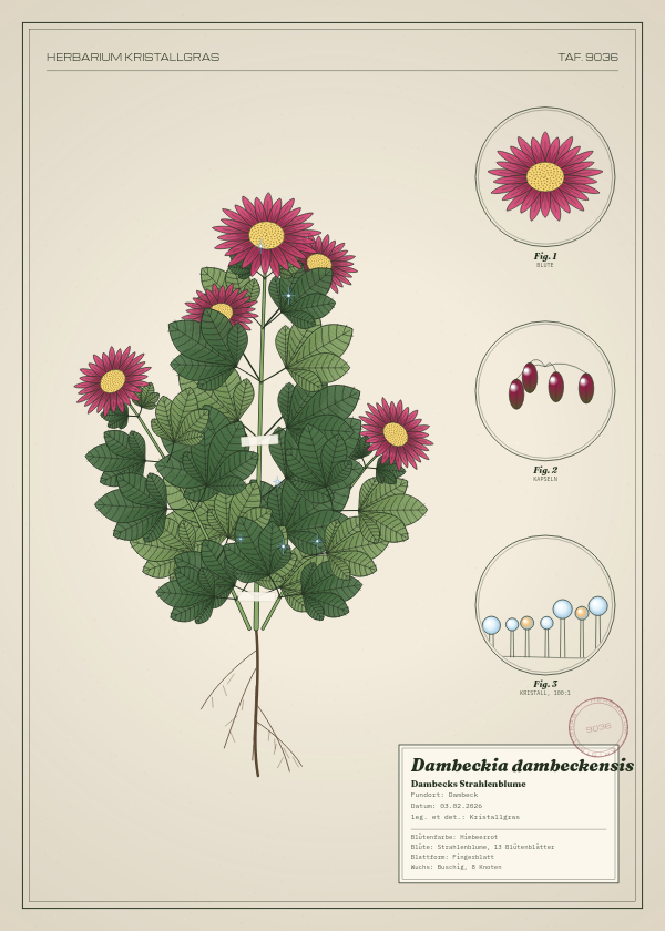 Botanische Tafel: Dambeckia dambeckensis, eine erfundene Pflanze aus Dambeck, gezeichnet wie in einem alten Pflanzenatlas