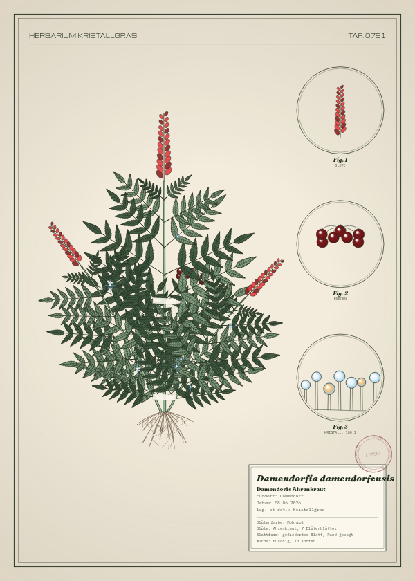 Botanische Tafel: Damendorfia damendorfensis, eine erfundene Pflanze aus Damendorf, gezeichnet wie in einem alten Pflanzenatlas