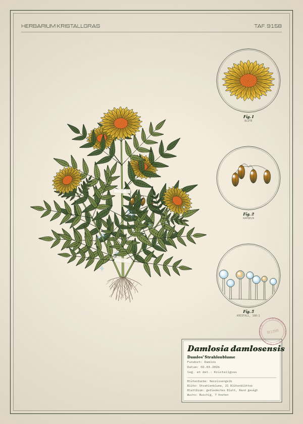 Botanische Tafel: Damlosia damlosensis, eine erfundene Pflanze aus Damlos, gezeichnet wie in einem alten Pflanzenatlas