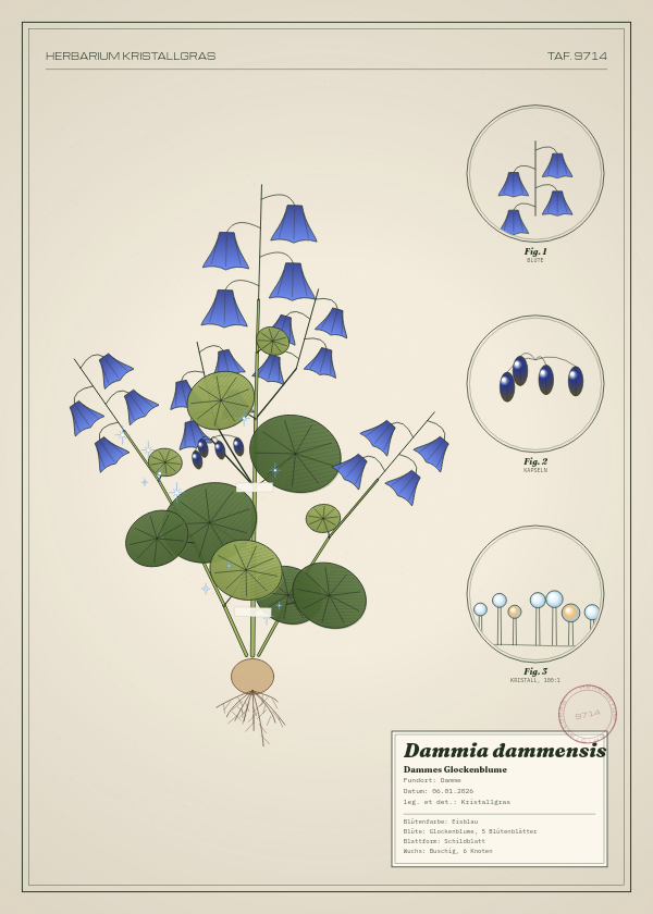 Botanische Tafel: Dammia dammensis, eine erfundene Pflanze aus Damme, gezeichnet wie in einem alten Pflanzenatlas