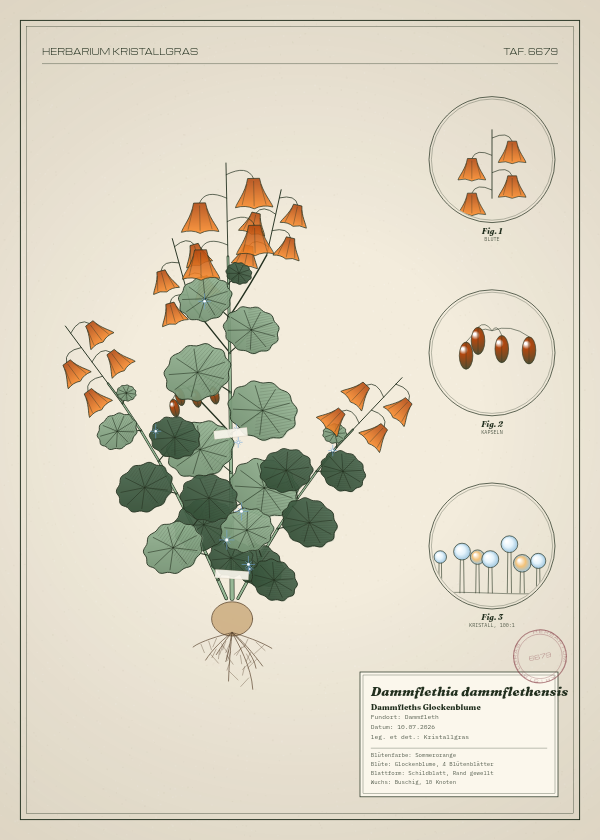 Botanische Tafel: Dammflethia dammflethensis, eine erfundene Pflanze aus Dammfleth, gezeichnet wie in einem alten Pflanzenatlas