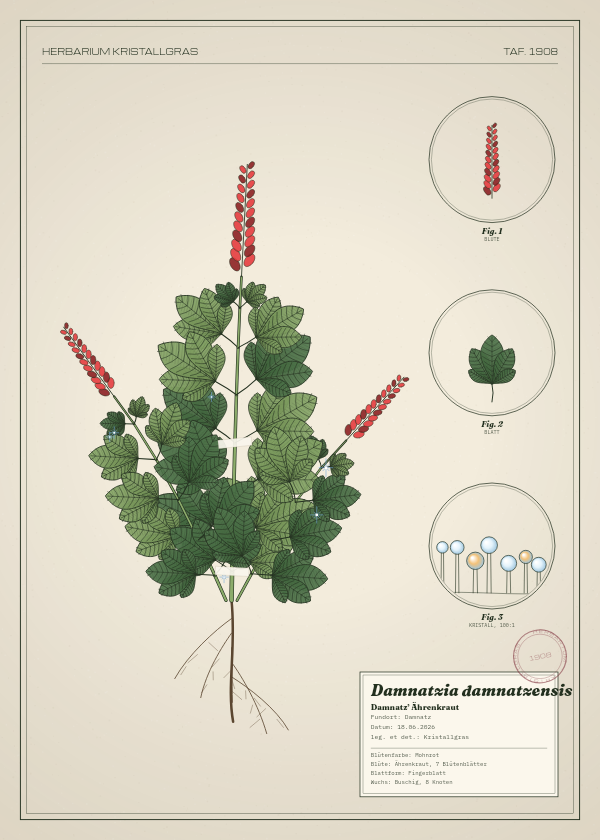 Botanische Tafel: Damnatzia damnatzensis, eine erfundene Pflanze aus Damnatz, gezeichnet wie in einem alten Pflanzenatlas