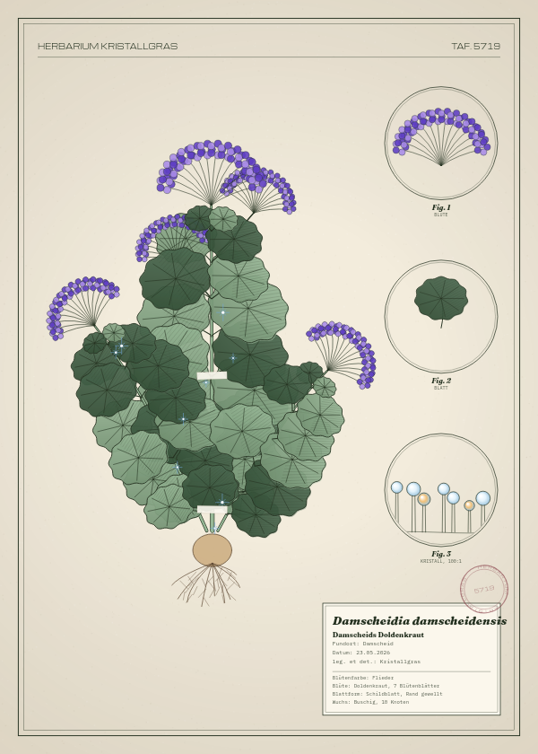 Botanische Tafel: Damscheidia damscheidensis, eine erfundene Pflanze aus Damscheid, gezeichnet wie in einem alten Pflanzenatlas