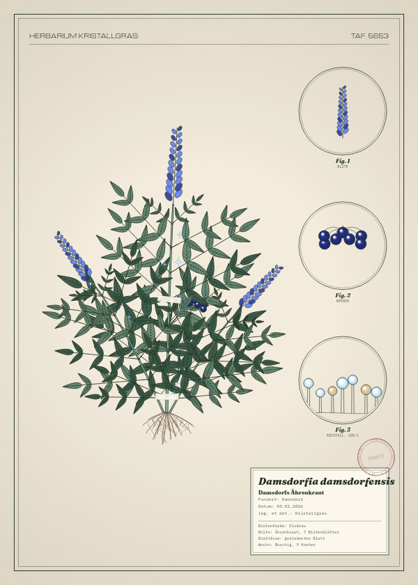 Botanische Tafel: Damsdorfia damsdorfensis, eine erfundene Pflanze aus Damsdorf, gezeichnet wie in einem alten Pflanzenatlas