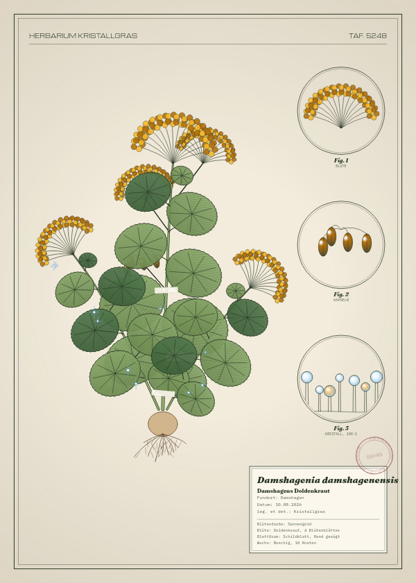 Botanische Tafel: Damshagenia damshagenensis, eine erfundene Pflanze aus Damshagen, gezeichnet wie in einem alten Pflanzenatlas