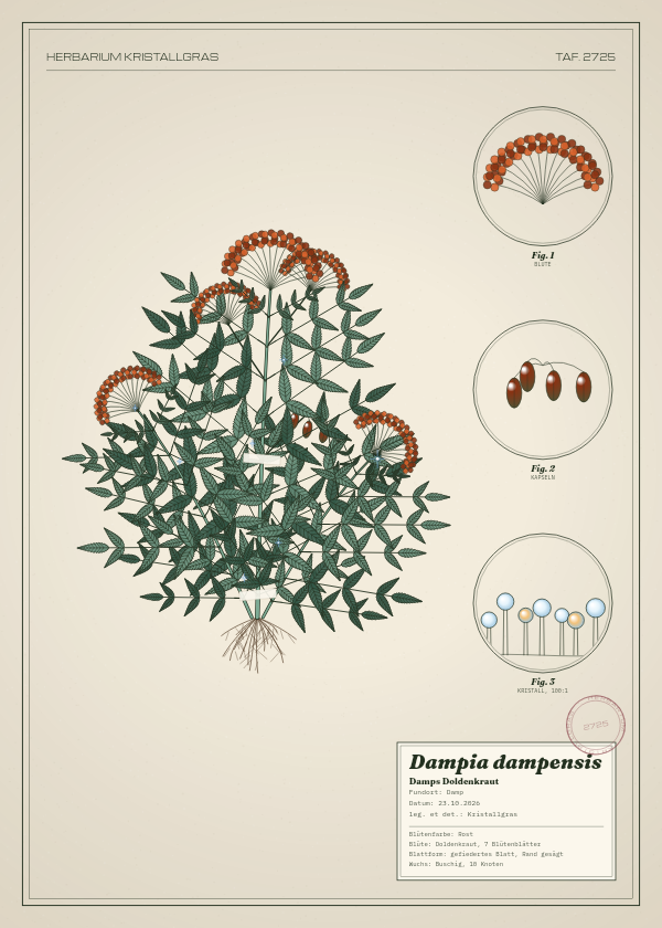 Botanische Tafel: Dampia dampensis, eine erfundene Pflanze aus Damp, gezeichnet wie in einem alten Pflanzenatlas
