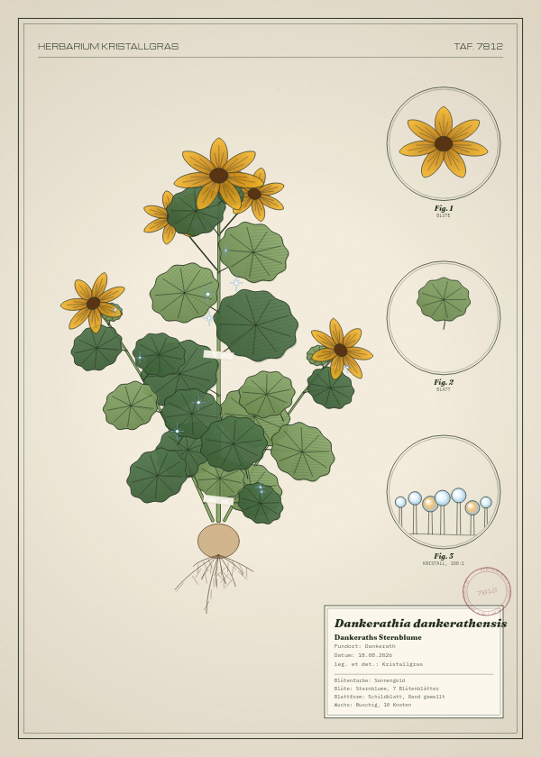 Botanische Tafel: Dankerathia dankerathensis, eine erfundene Pflanze aus Dankerath, gezeichnet wie in einem alten Pflanzenatlas
