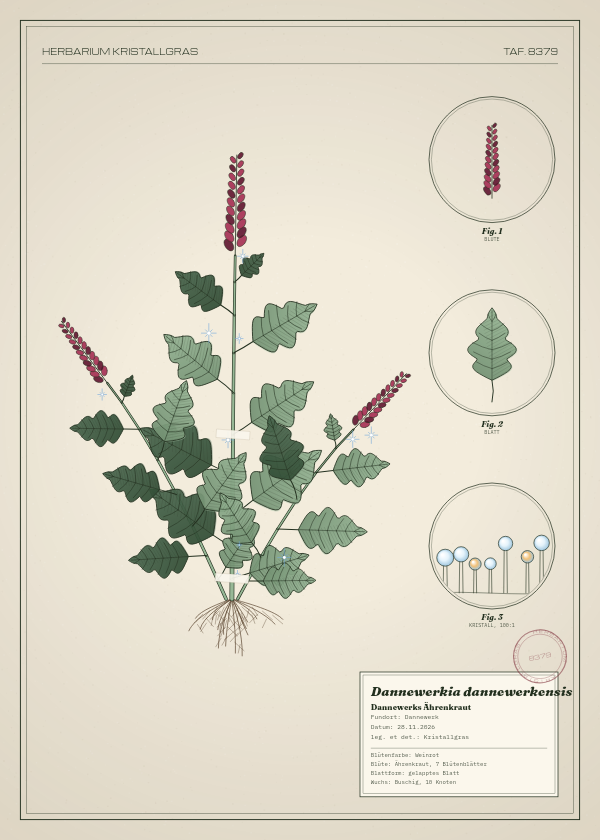 Botanische Tafel: Dannewerkia dannewerkensis, eine erfundene Pflanze aus Dannewerk, gezeichnet wie in einem alten Pflanzenatlas