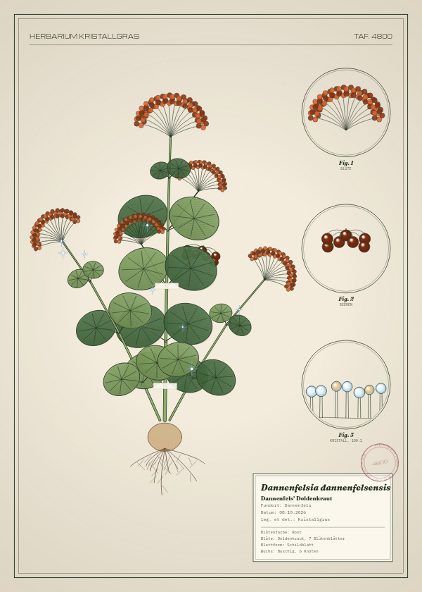 Botanische Tafel: Dannenfelsia dannenfelsensis, eine erfundene Pflanze aus Dannenfels, gezeichnet wie in einem alten Pflanzenatlas