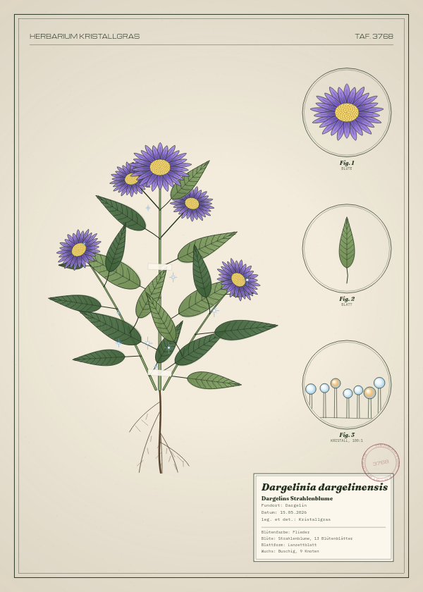 Botanische Tafel: Dargelinia dargelinensis, eine erfundene Pflanze aus Dargelin, gezeichnet wie in einem alten Pflanzenatlas