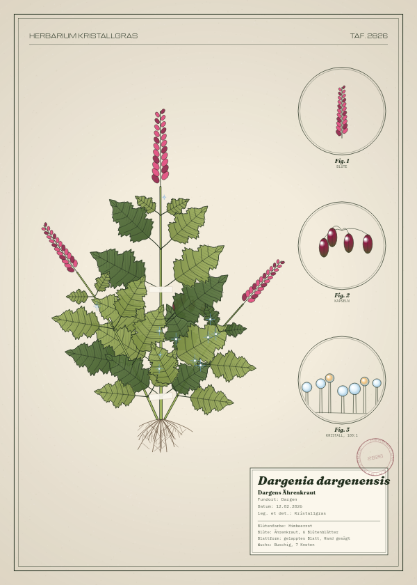 Botanische Tafel: Dargenia dargenensis, eine erfundene Pflanze aus Dargen, gezeichnet wie in einem alten Pflanzenatlas