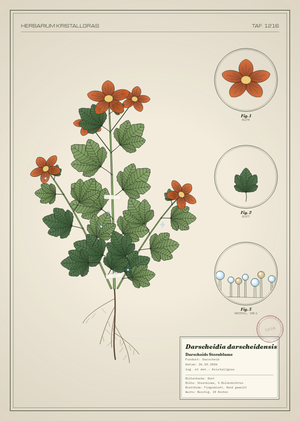 Botanische Tafel: Darscheidia darscheidensis, eine erfundene Pflanze aus Darscheid, gezeichnet wie in einem alten Pflanzenatlas