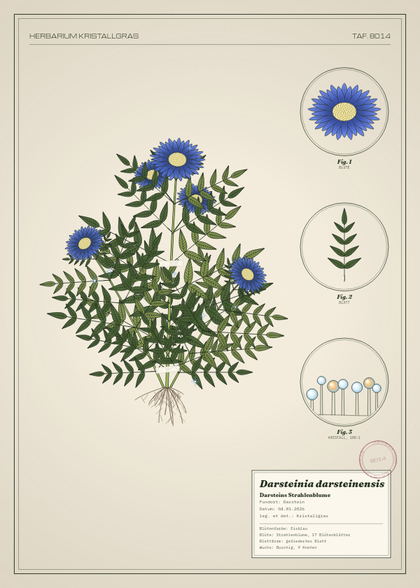 Botanische Tafel: Darsteinia darsteinensis, eine erfundene Pflanze aus Darstein, gezeichnet wie in einem alten Pflanzenatlas