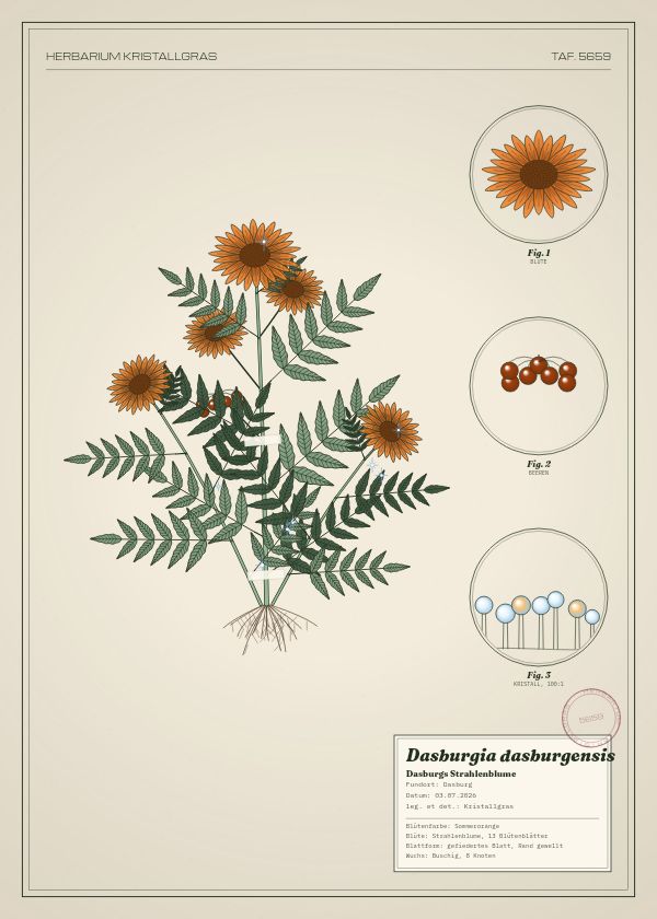 Botanische Tafel: Dasburgia dasburgensis, eine erfundene Pflanze aus Dasburg, gezeichnet wie in einem alten Pflanzenatlas