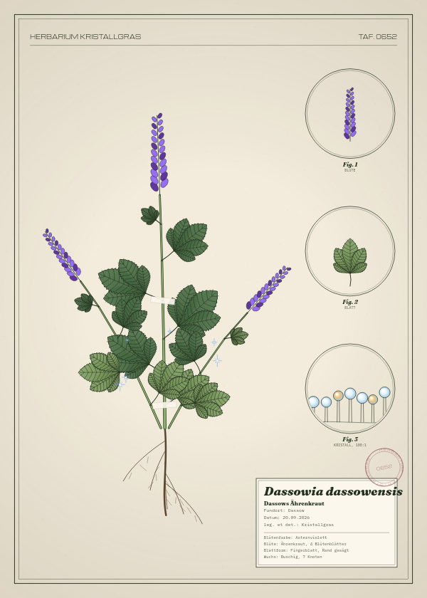 Botanische Tafel: Dassowia dassowensis, eine erfundene Pflanze aus Dassow, gezeichnet wie in einem alten Pflanzenatlas