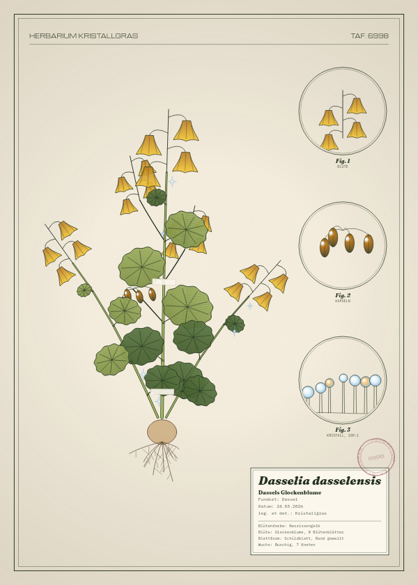 Botanische Tafel: Dasselia dasselensis, eine erfundene Pflanze aus Dassel, gezeichnet wie in einem alten Pflanzenatlas