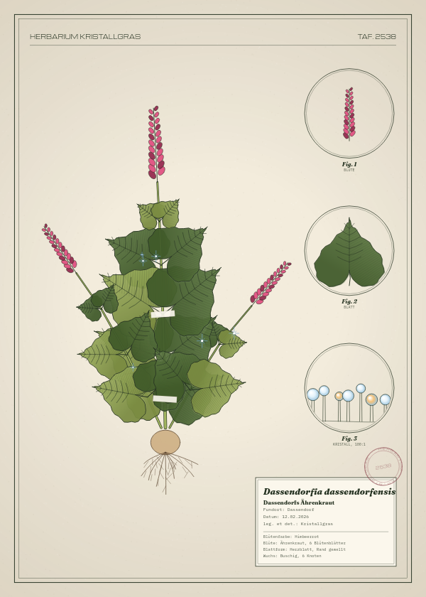 Botanische Tafel: Dassendorfia dassendorfensis, eine erfundene Pflanze aus Dassendorf, gezeichnet wie in einem alten Pflanzenatlas