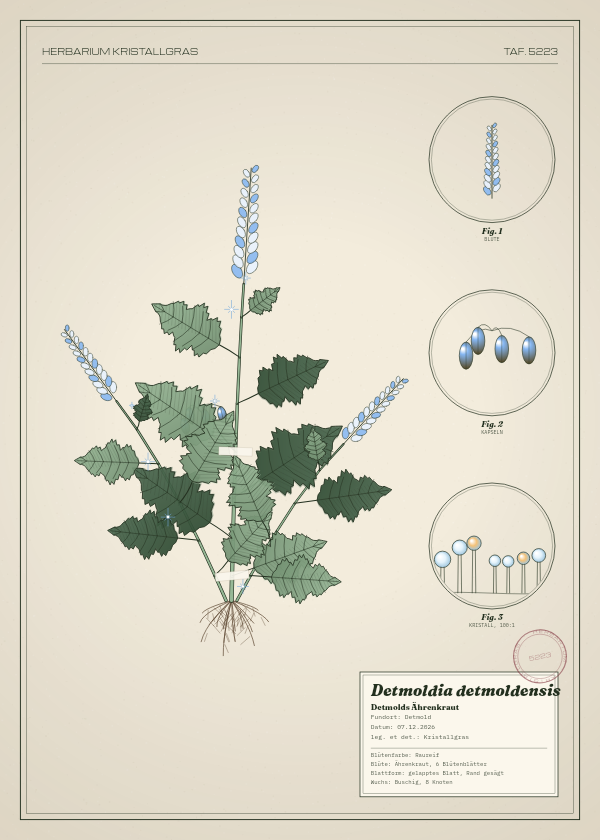 Botanische Tafel: Detmoldia detmoldensis, eine erfundene Pflanze aus Detmold, gezeichnet wie in einem alten Pflanzenatlas