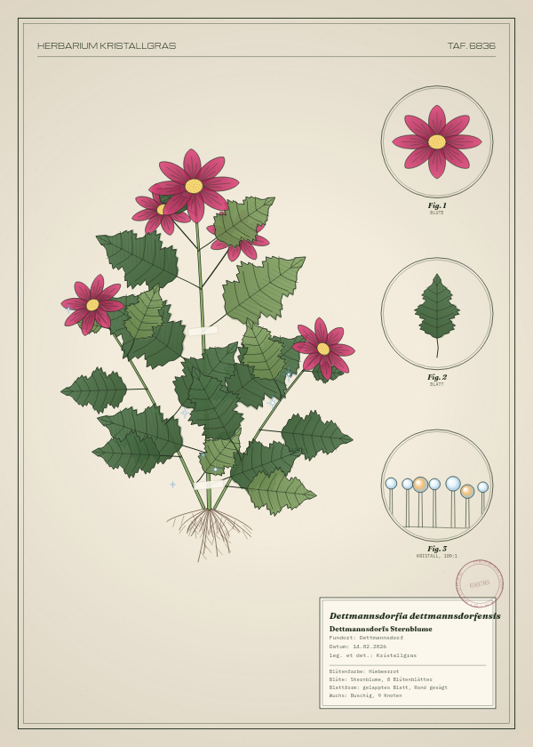 Botanische Tafel: Dettmannsdorfia dettmannsdorfensis, eine erfundene Pflanze aus Dettmannsdorf, gezeichnet wie in einem alten Pflanzenatlas
