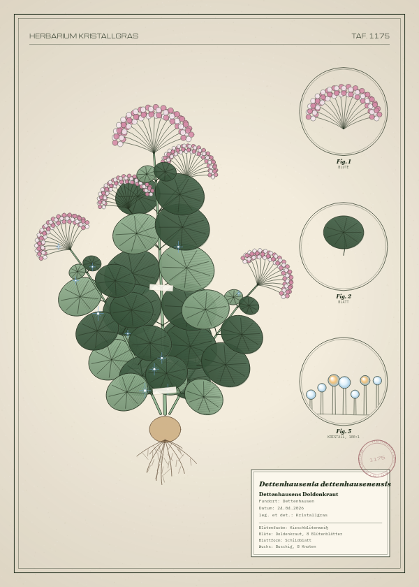 Botanische Tafel: Dettenhausenia dettenhausenensis, eine erfundene Pflanze aus Dettenhausen, gezeichnet wie in einem alten Pflanzenatlas