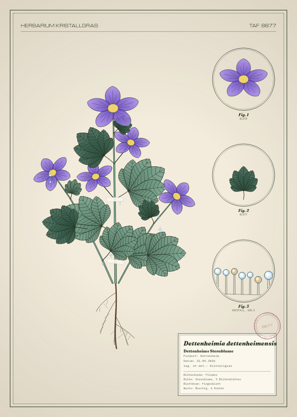 Botanische Tafel: Dettenheimia dettenheimensis, eine erfundene Pflanze aus Dettenheim, gezeichnet wie in einem alten Pflanzenatlas