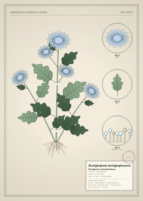 Botanische Tafel: Dettighofenia dettighofenensis, eine erfundene Pflanze aus Dettighofen, gezeichnet wie in einem alten Pflanzenatlas