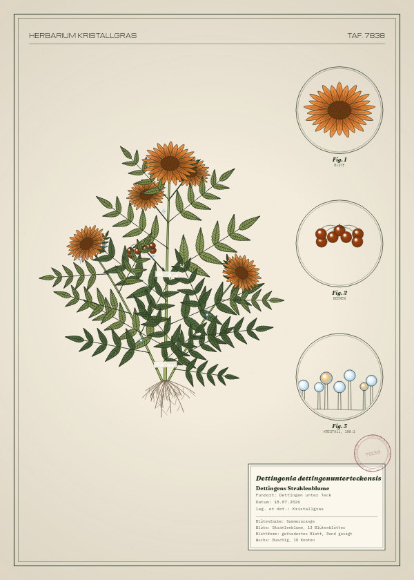 Botanische Tafel: Dettingenia dettingenunterteckensis, eine erfundene Pflanze aus Dettingen unter Teck, gezeichnet wie in einem alten Pflanzenatlas