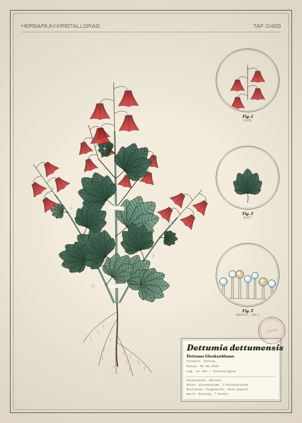 Botanische Tafel: Dettumia dettumensis, eine erfundene Pflanze aus Dettum, gezeichnet wie in einem alten Pflanzenatlas