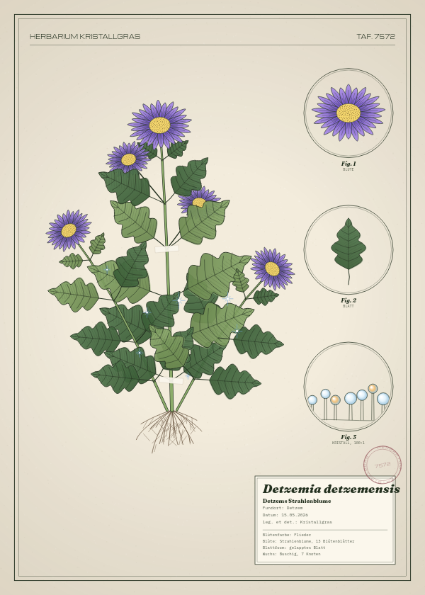 Botanische Tafel: Detzemia detzemensis, eine erfundene Pflanze aus Detzem, gezeichnet wie in einem alten Pflanzenatlas
