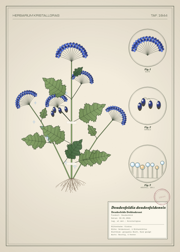 Botanische Tafel: Deudesfeldia deudesfeldensis, eine erfundene Pflanze aus Deudesfeld, gezeichnet wie in einem alten Pflanzenatlas