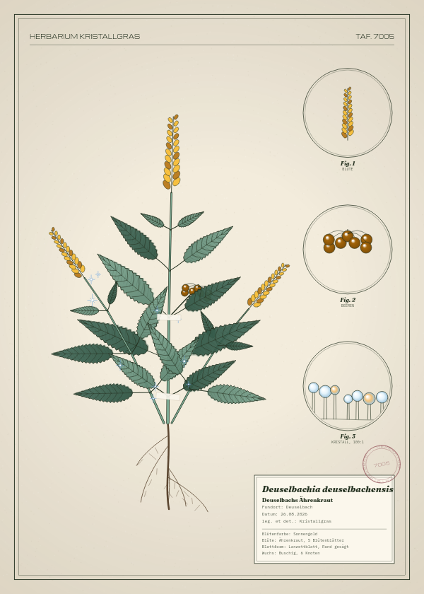 Botanische Tafel: Deuselbachia deuselbachensis, eine erfundene Pflanze aus Deuselbach, gezeichnet wie in einem alten Pflanzenatlas