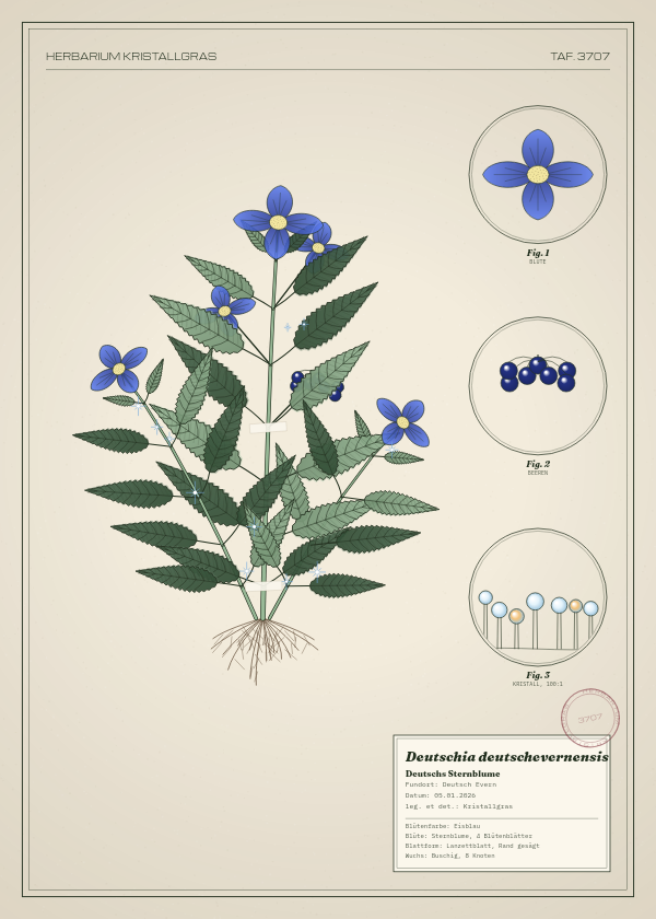 Botanische Tafel: Deutschia deutschevernensis, eine erfundene Pflanze aus Deutsch Evern, gezeichnet wie in einem alten Pflanzenatlas