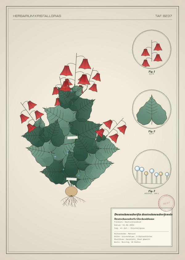Botanische Tafel: Deutschneudorfia deutschneudorfensis, eine erfundene Pflanze aus Deutschneudorf, gezeichnet wie in einem alten Pflanzenatlas