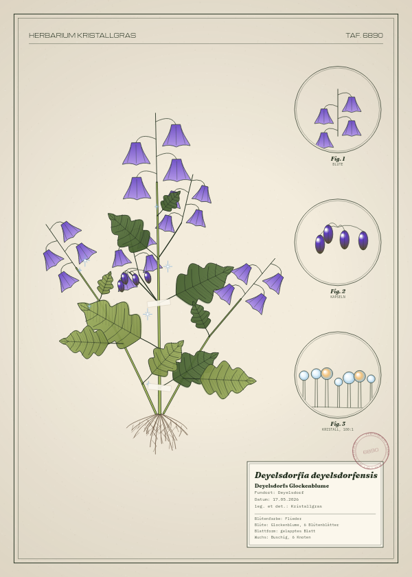 Botanische Tafel: Deyelsdorfia deyelsdorfensis, eine erfundene Pflanze aus Deyelsdorf, gezeichnet wie in einem alten Pflanzenatlas
