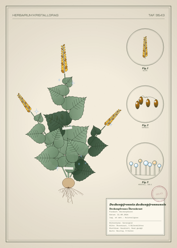 Botanische Tafel: Deckenpfronnia deckenpfronnensis, eine erfundene Pflanze aus Deckenpfronn, gezeichnet wie in einem alten Pflanzenatlas
