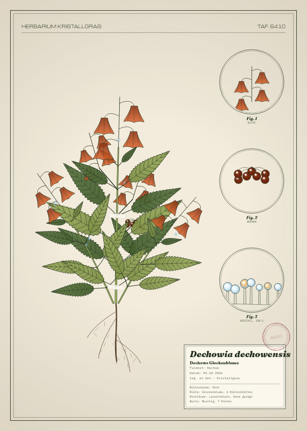 Botanische Tafel: Dechowia dechowensis, eine erfundene Pflanze aus Dechow, gezeichnet wie in einem alten Pflanzenatlas