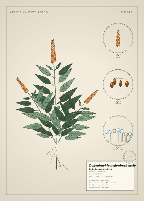 Botanische Tafel: Dedenbachia dedenbachensis, eine erfundene Pflanze aus Dedenbach, gezeichnet wie in einem alten Pflanzenatlas