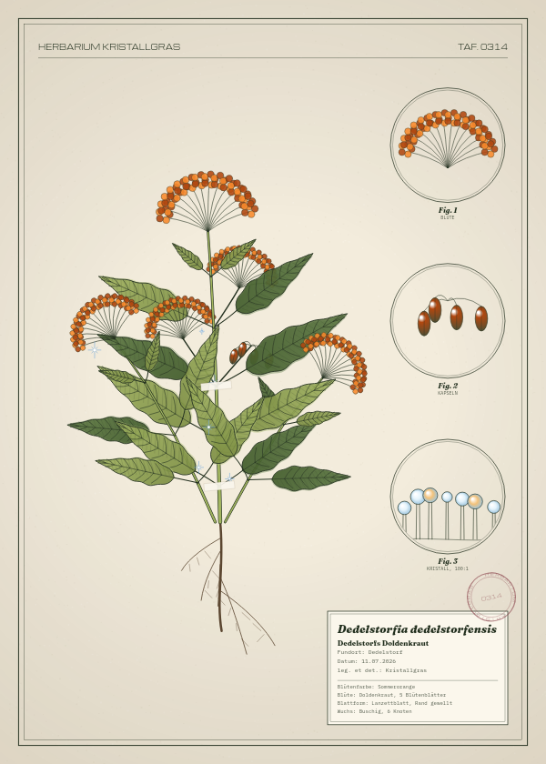 Botanische Tafel: Dedelstorfia dedelstorfensis, eine erfundene Pflanze aus Dedelstorf, gezeichnet wie in einem alten Pflanzenatlas