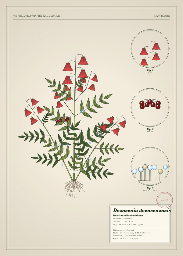Botanische Tafel: Deensenia deensenensis, eine erfundene Pflanze aus Deensen, gezeichnet wie in einem alten Pflanzenatlas