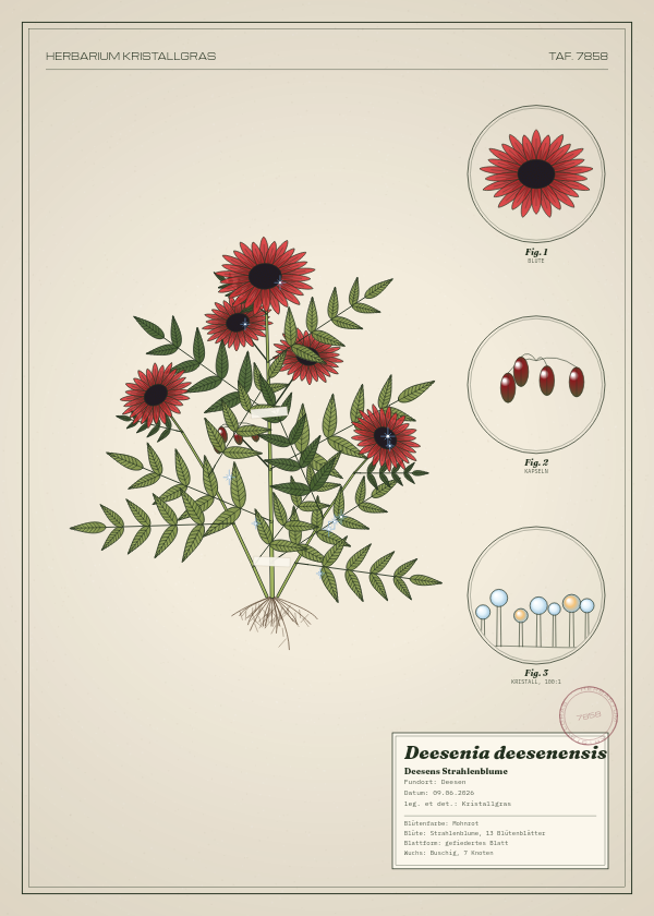 Botanische Tafel: Deesenia deesenensis, eine erfundene Pflanze aus Deesen, gezeichnet wie in einem alten Pflanzenatlas