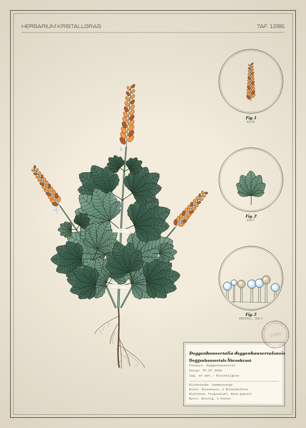 Botanische Tafel: Deggenhausertalia deggenhausertalensis, eine erfundene Pflanze aus Deggenhausertal, gezeichnet wie in einem alten Pflanzenatlas