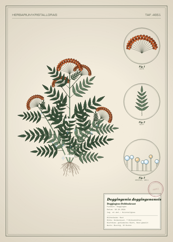 Botanische Tafel: Deggingenia deggingenensis, eine erfundene Pflanze aus Deggingen, gezeichnet wie in einem alten Pflanzenatlas