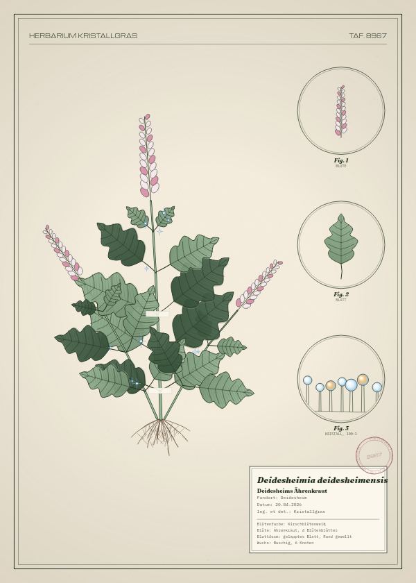 Botanische Tafel: Deidesheimia deidesheimensis, eine erfundene Pflanze aus Deidesheim, gezeichnet wie in einem alten Pflanzenatlas