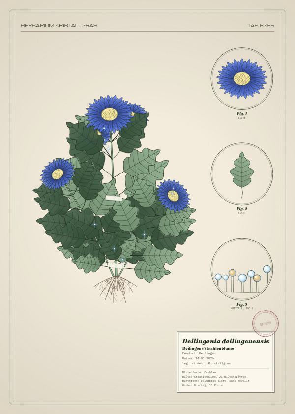 Botanische Tafel: Deilingenia deilingenensis, eine erfundene Pflanze aus Deilingen, gezeichnet wie in einem alten Pflanzenatlas